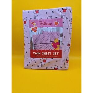 NEW Disney Winnie the Pooh Twin Size Sheet Set - Pink w Pooh and Heart Balloons
